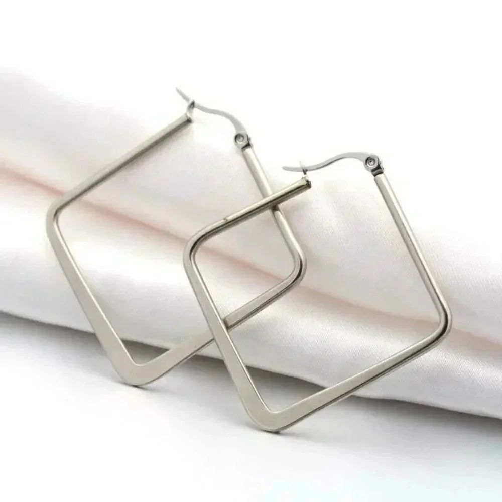 Surgical Stainless Steel Bladed Rhombus 45x45mm Silver Hoop Earrings
